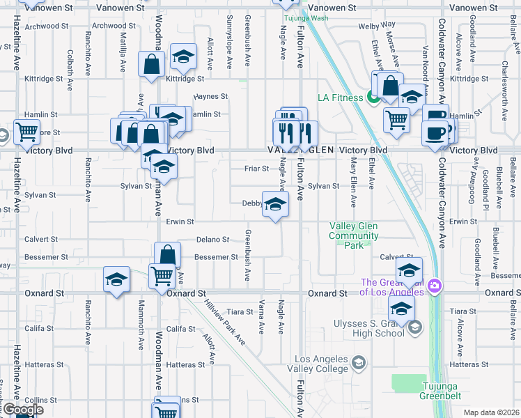 map of restaurants, bars, coffee shops, grocery stores, and more near 13411 Erwin Street in Los Angeles