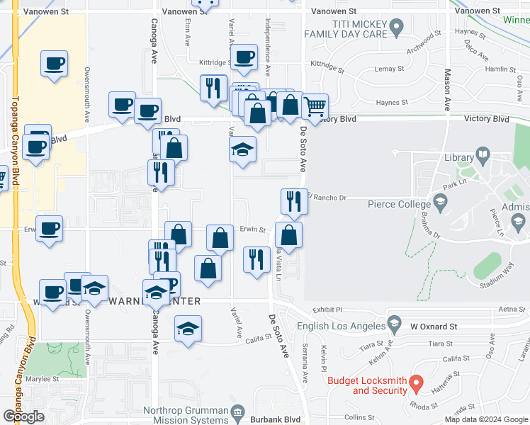 map of restaurants, bars, coffee shops, grocery stores, and more near 21021 Erwin Street in Los Angeles