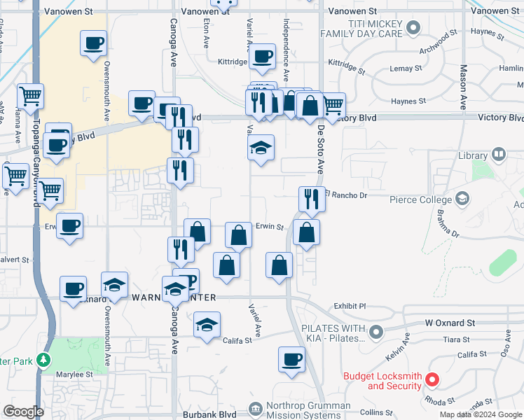 map of restaurants, bars, coffee shops, grocery stores, and more near 21021 Erwin Street in Los Angeles