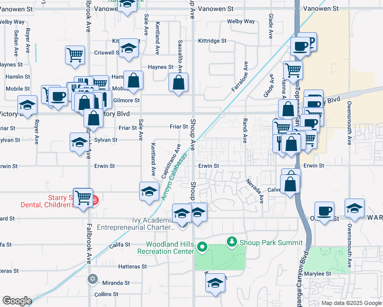 map of restaurants, bars, coffee shops, grocery stores, and more near 6218 Capistrano Avenue in Los Angeles