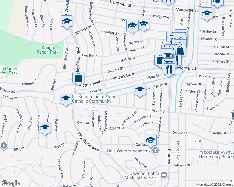 map of restaurants, bars, coffee shops, grocery stores, and more near 24013 Sylvan Street in Los Angeles