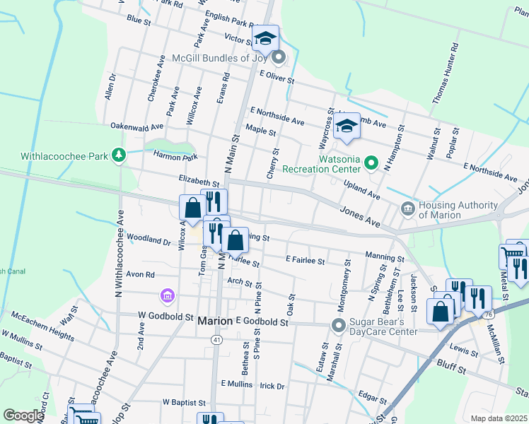 map of restaurants, bars, coffee shops, grocery stores, and more near Henry St in Marion