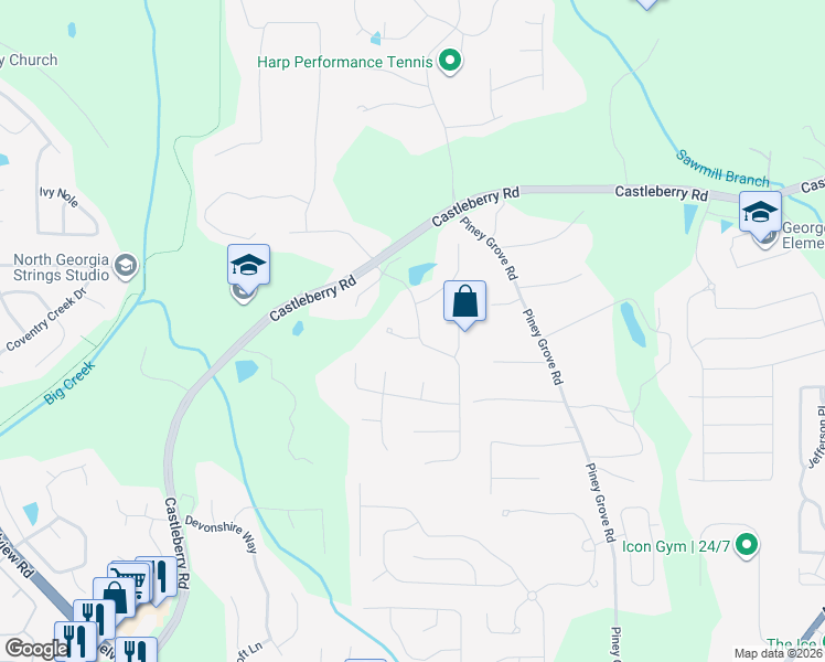 map of restaurants, bars, coffee shops, grocery stores, and more near 4965 Kings Common Way in Cumming