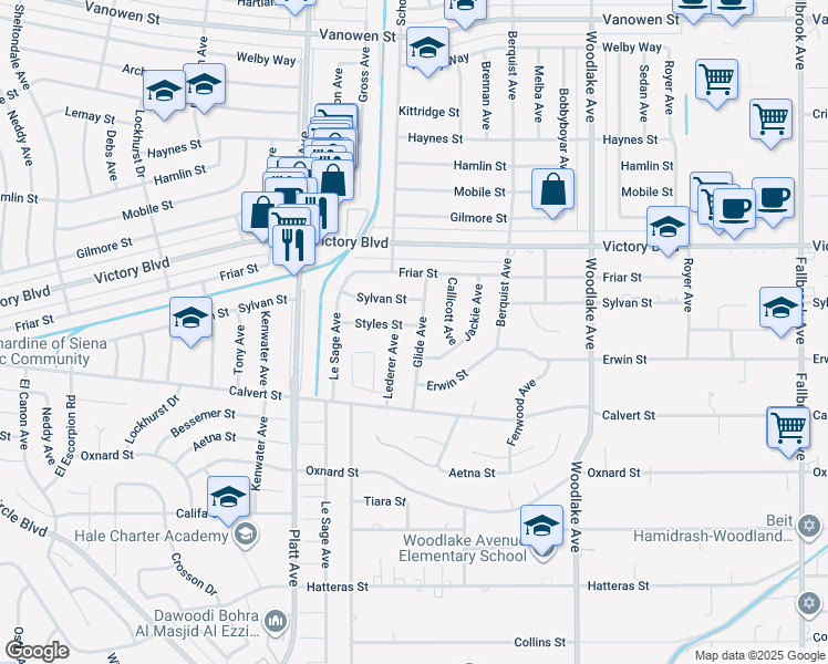 map of restaurants, bars, coffee shops, grocery stores, and more near 6227 Glide Avenue in Los Angeles