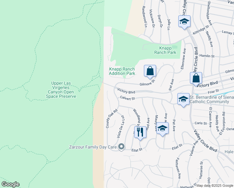 map of restaurants, bars, coffee shops, grocery stores, and more near 6146 County Oak Road in Los Angeles