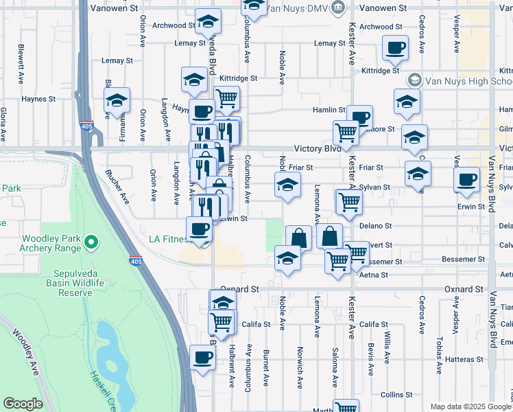 map of restaurants, bars, coffee shops, grocery stores, and more near 15148 Domino Street in Los Angeles