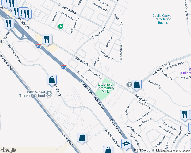 map of restaurants, bars, coffee shops, grocery stores, and more near 2613 Sheridan Road in San Bernardino