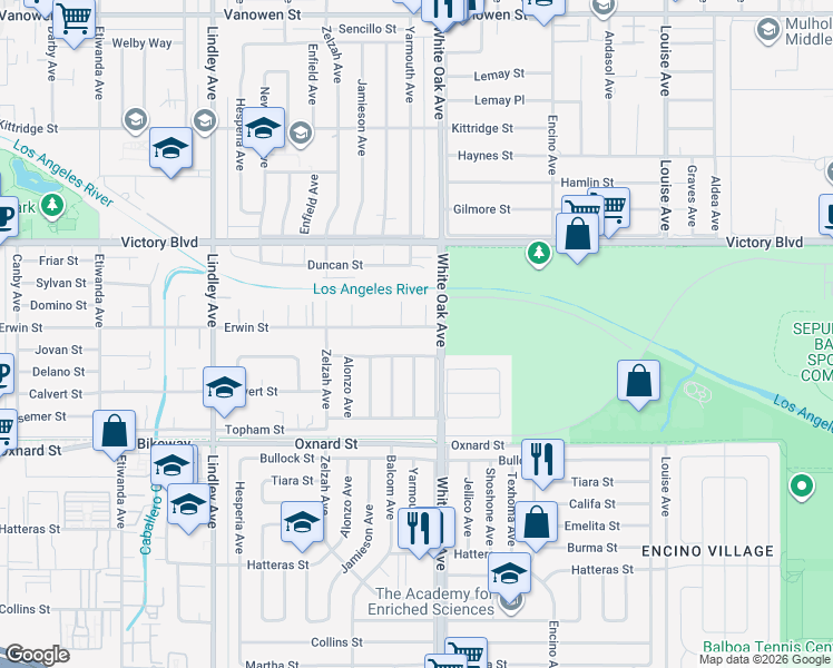 map of restaurants, bars, coffee shops, grocery stores, and more near 17722 Erwin Street in Los Angeles