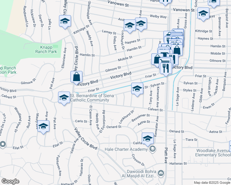map of restaurants, bars, coffee shops, grocery stores, and more near 24013 Sylvan Street in Los Angeles