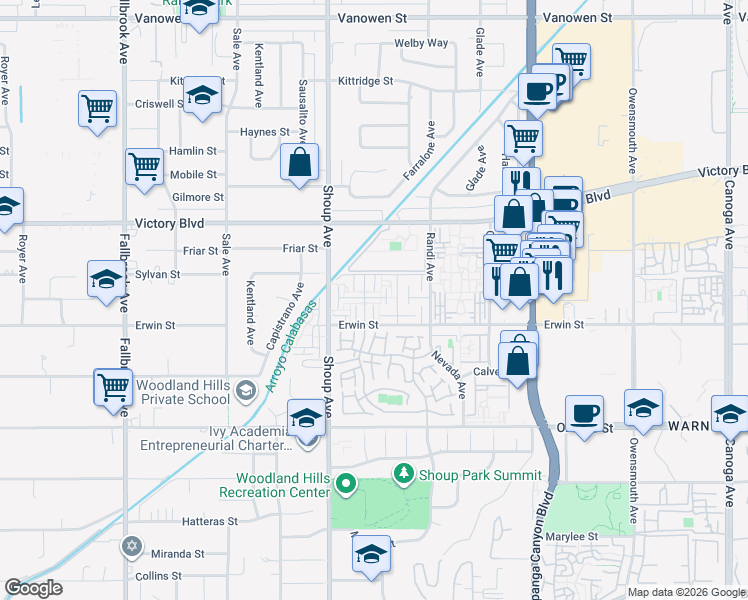 map of restaurants, bars, coffee shops, grocery stores, and more near 6214 Nita Avenue in Los Angeles