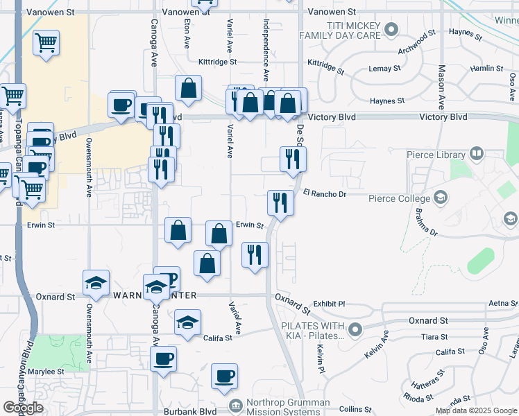 map of restaurants, bars, coffee shops, grocery stores, and more near 21021 Erwin Street in Los Angeles