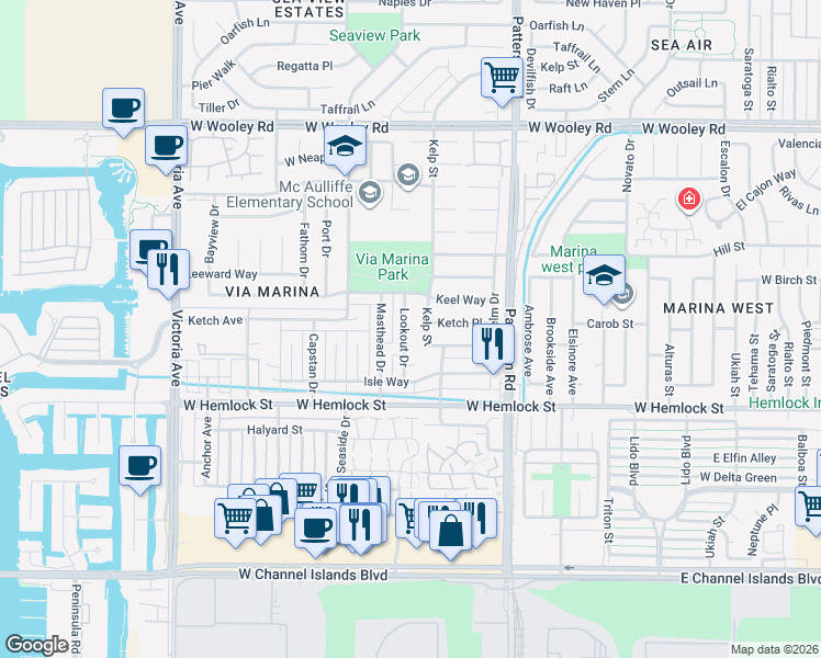 map of restaurants, bars, coffee shops, grocery stores, and more near 1714 Lookout Drive in Oxnard