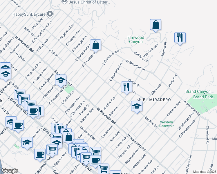 map of restaurants, bars, coffee shops, grocery stores, and more near 2056 Bel Aire Drive in Glendale