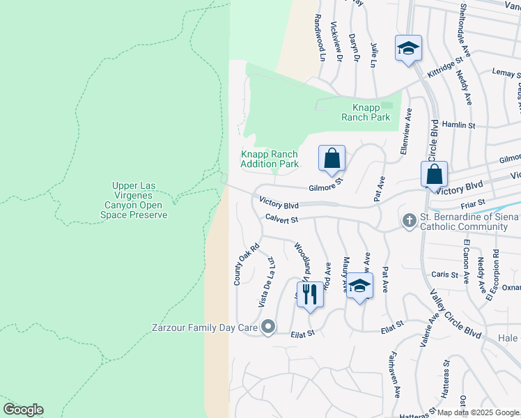 map of restaurants, bars, coffee shops, grocery stores, and more near 6146 County Oak Road in Los Angeles
