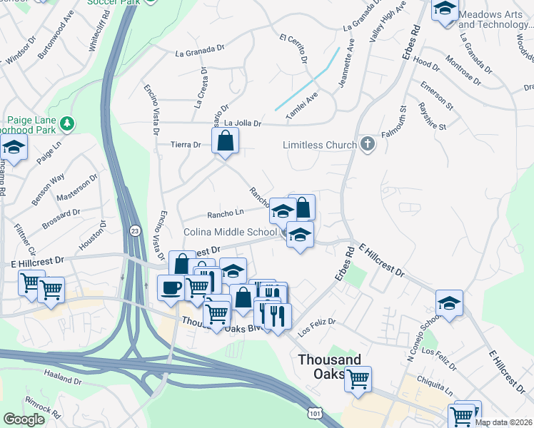 map of restaurants, bars, coffee shops, grocery stores, and more near 918 Rancho Road in Thousand Oaks
