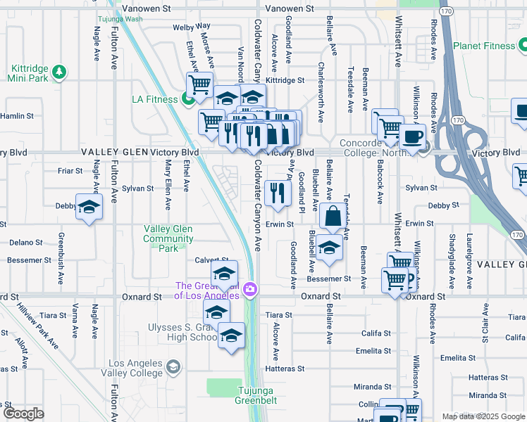 map of restaurants, bars, coffee shops, grocery stores, and more near 6220 Coldwater Canyon Avenue in Los Angeles