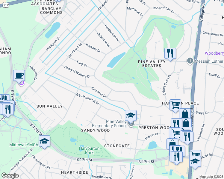 map of restaurants, bars, coffee shops, grocery stores, and more near 501 Burney Street in Wilmington