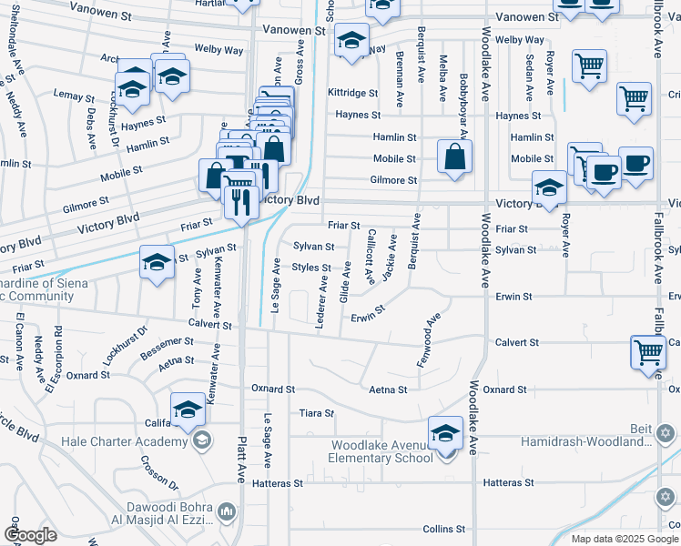 map of restaurants, bars, coffee shops, grocery stores, and more near 6227 Glide Avenue in Los Angeles