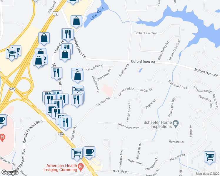 map of restaurants, bars, coffee shops, grocery stores, and more near 940 Sanders Road in Cumming