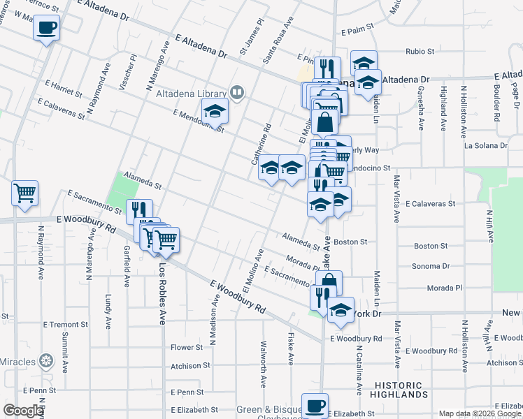 map of restaurants, bars, coffee shops, grocery stores, and more near 726 Colman Street in Altadena