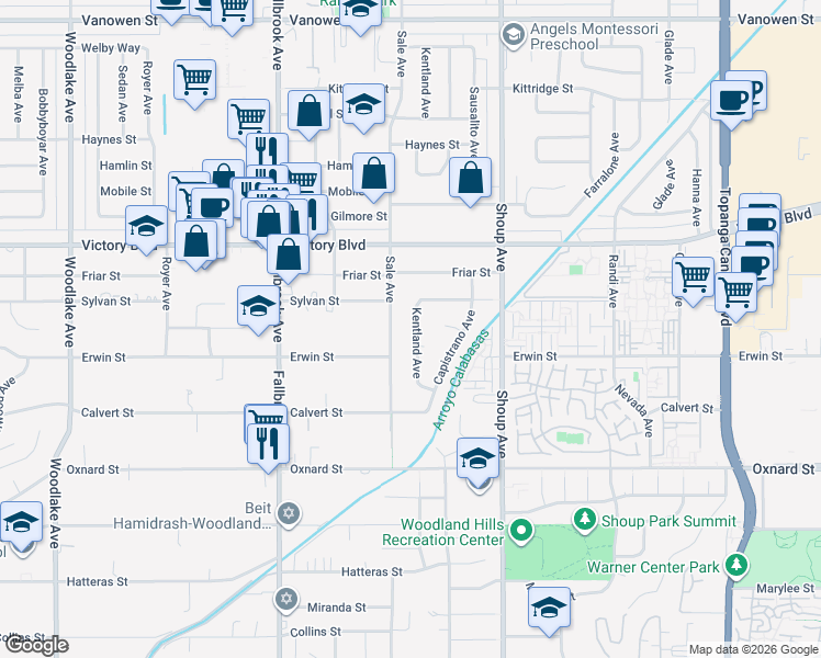 map of restaurants, bars, coffee shops, grocery stores, and more near 6223 Kentland Avenue in Los Angeles