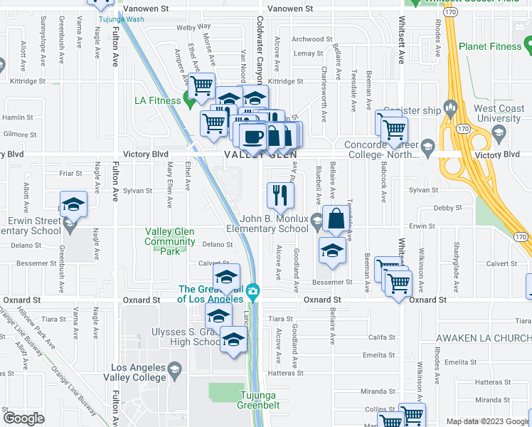 map of restaurants, bars, coffee shops, grocery stores, and more near 6220 Coldwater Canyon Avenue in Los Angeles
