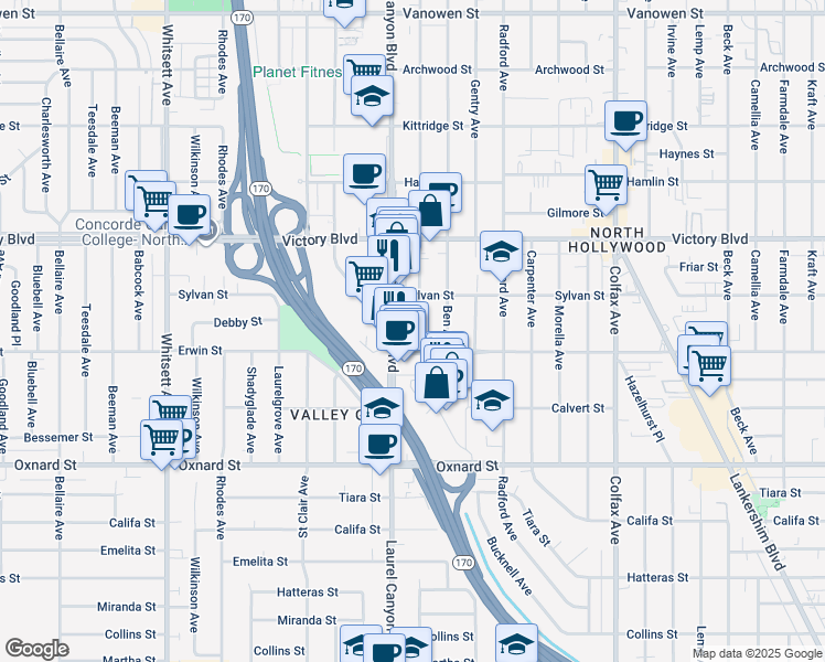 map of restaurants, bars, coffee shops, grocery stores, and more near 6214 Agnes Avenue in Los Angeles