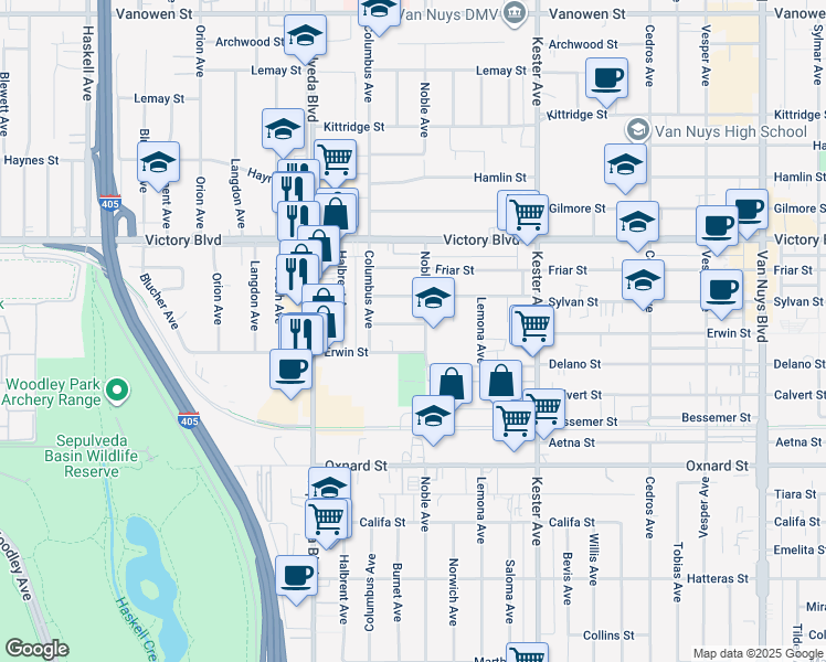 map of restaurants, bars, coffee shops, grocery stores, and more near 15112 Domino Street in Los Angeles