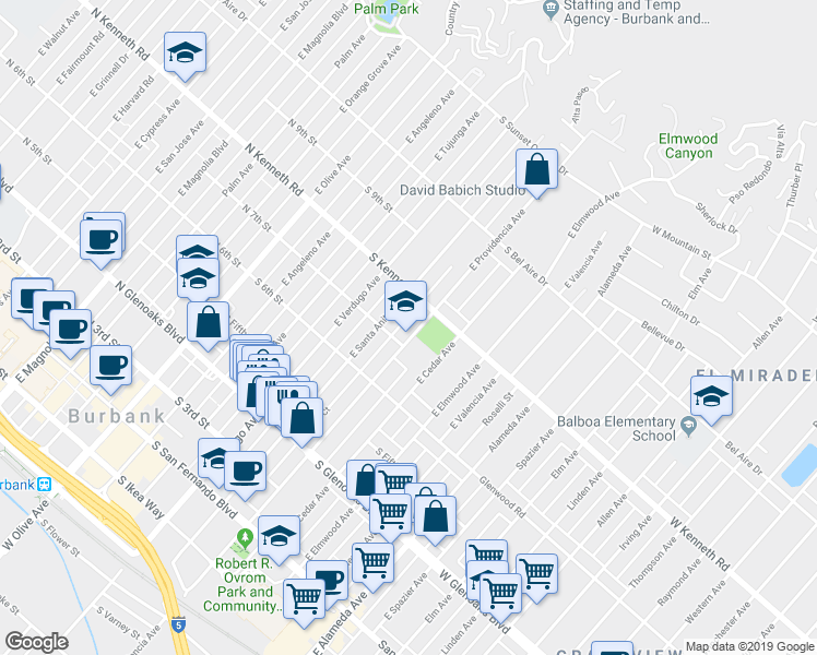 map of restaurants, bars, coffee shops, grocery stores, and more near 715 East Providencia Avenue in Burbank