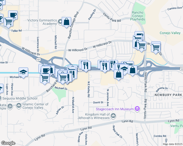 map of restaurants, bars, coffee shops, grocery stores, and more near 1872 Newbury Road in Thousand Oaks