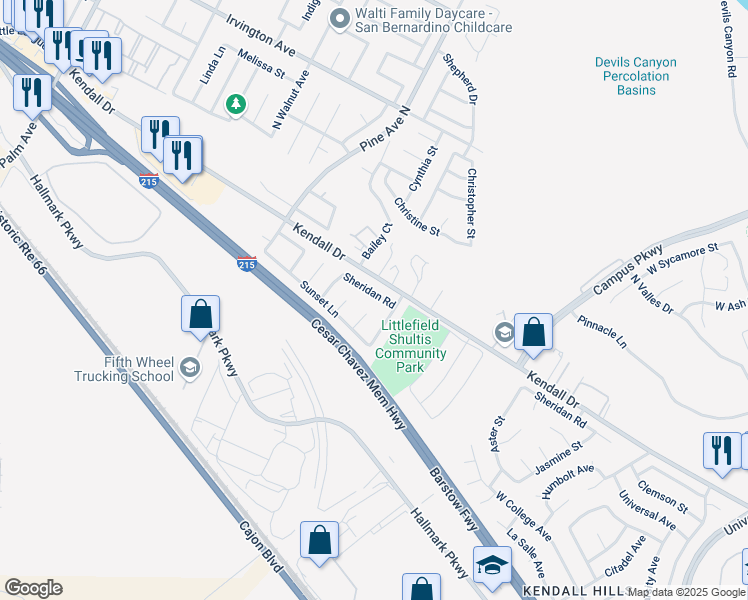 map of restaurants, bars, coffee shops, grocery stores, and more near 2613 Sheridan Road in San Bernardino