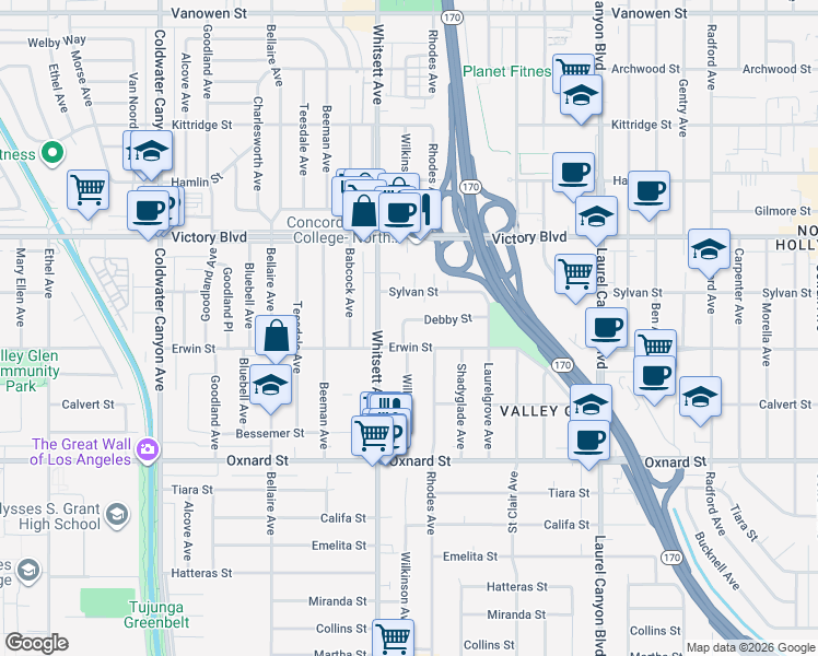 map of restaurants, bars, coffee shops, grocery stores, and more near 12428 Debby Street in Los Angeles