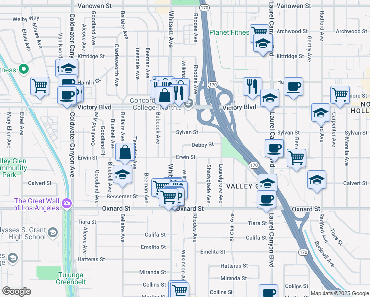 map of restaurants, bars, coffee shops, grocery stores, and more near 12428 Debby Street in Los Angeles