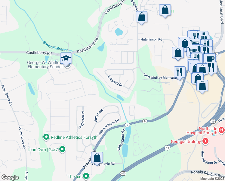 map of restaurants, bars, coffee shops, grocery stores, and more near 3480 Ridgefair Drive in Cumming
