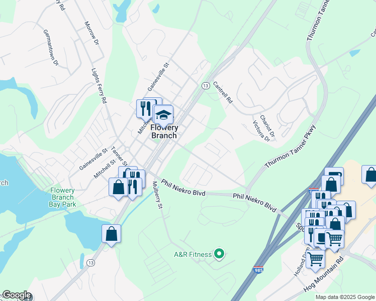 map of restaurants, bars, coffee shops, grocery stores, and more near 5284 East Main Street in Flowery Branch