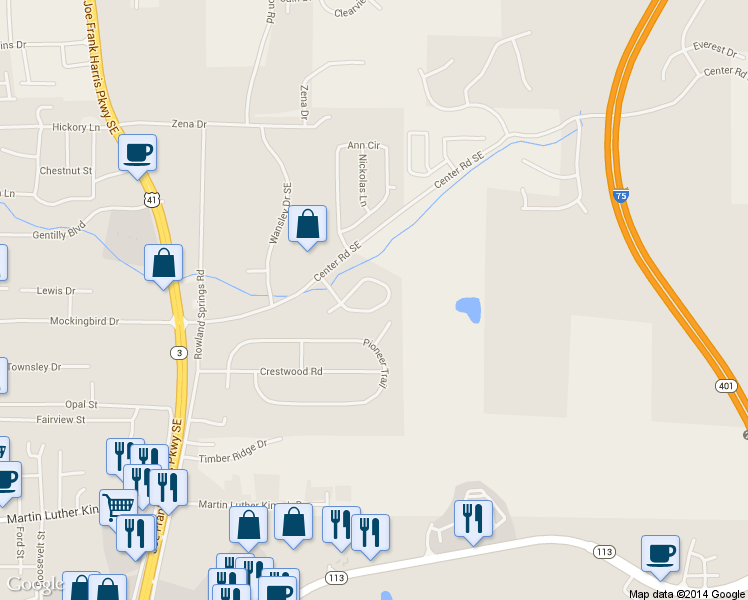 map of restaurants, bars, coffee shops, grocery stores, and more near 36 White Oak Drive Southeast in Cartersville