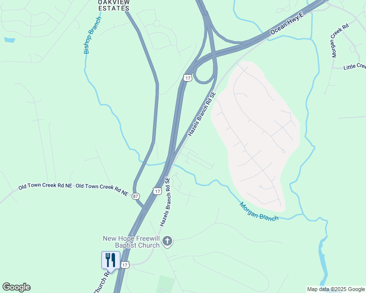 map of restaurants, bars, coffee shops, grocery stores, and more near 2 LD Smith Lane Southeast in Leland