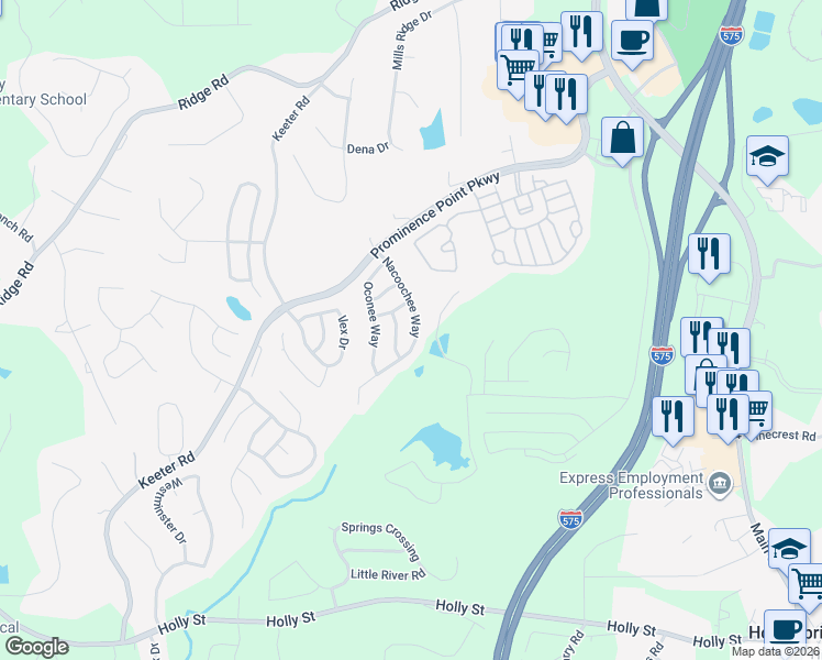 map of restaurants, bars, coffee shops, grocery stores, and more near 132 Nacoochee Way in Canton