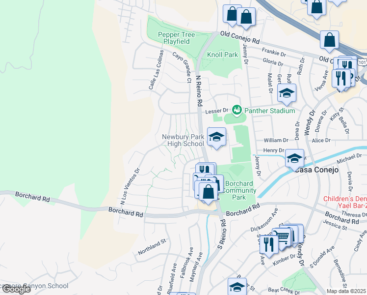 map of restaurants, bars, coffee shops, grocery stores, and more near 458 Anacapa Circle in Thousand Oaks