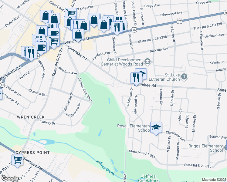 map of restaurants, bars, coffee shops, grocery stores, and more near 1517 Tanglewood Circle in Florence