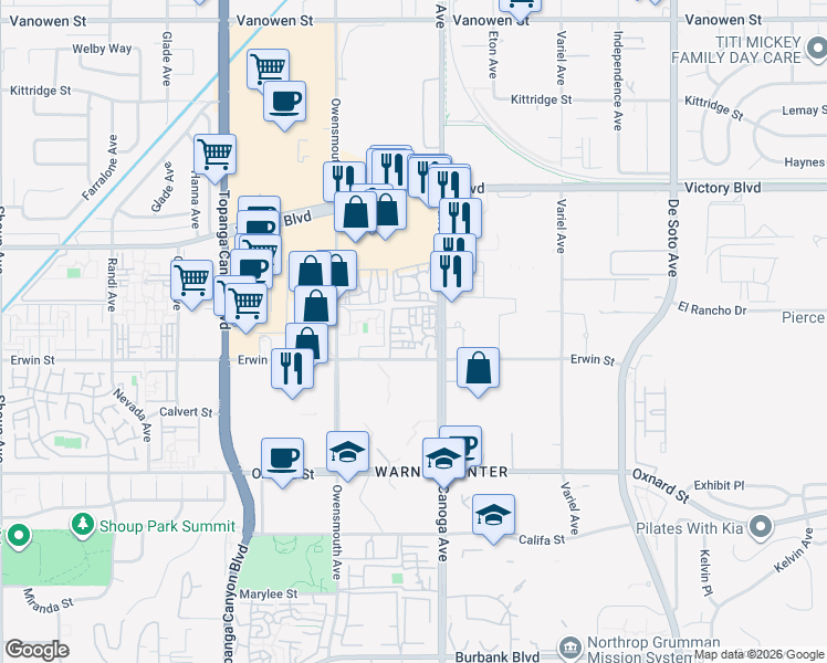 map of restaurants, bars, coffee shops, grocery stores, and more near 21545 Erwin Street in Los Angeles