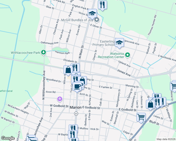 map of restaurants, bars, coffee shops, grocery stores, and more near Henry St in Marion