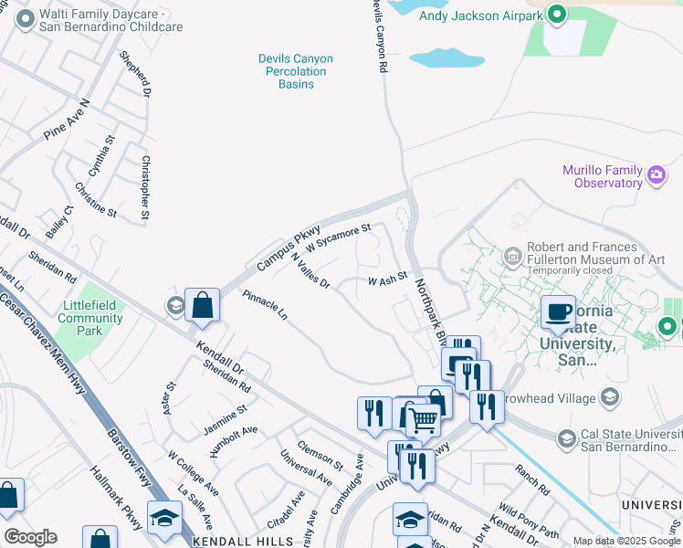 map of restaurants, bars, coffee shops, grocery stores, and more near 1924 Ash Street in San Bernardino