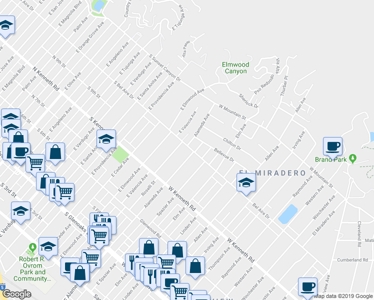 map of restaurants, bars, coffee shops, grocery stores, and more near 2108 Bel Aire Drive in Glendale
