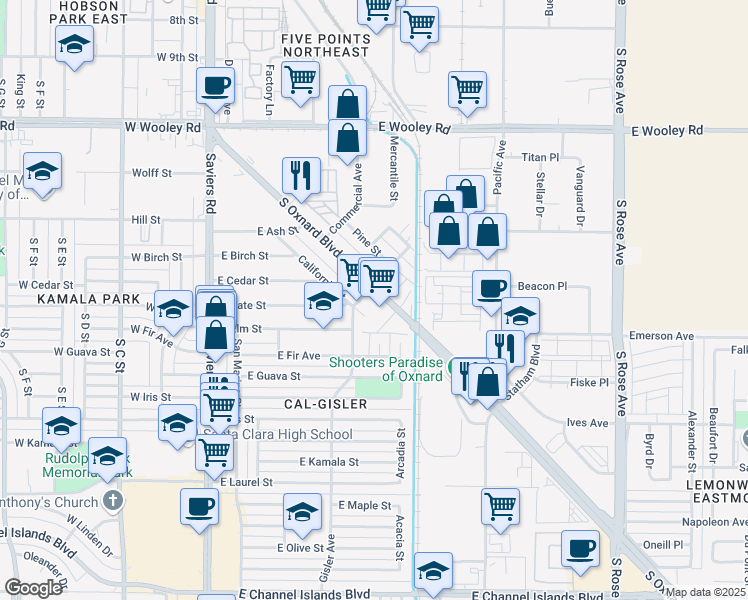 map of restaurants, bars, coffee shops, grocery stores, and more near 1631 S Oxnard Blvd in Oxnard