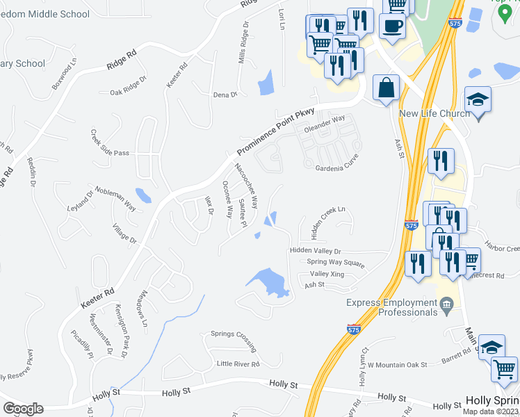 map of restaurants, bars, coffee shops, grocery stores, and more near 147 Nacoochee Way in Canton