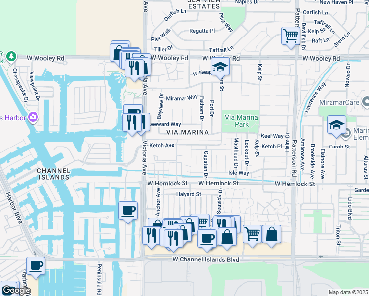 map of restaurants, bars, coffee shops, grocery stores, and more near 3604 Ketch Avenue in Oxnard