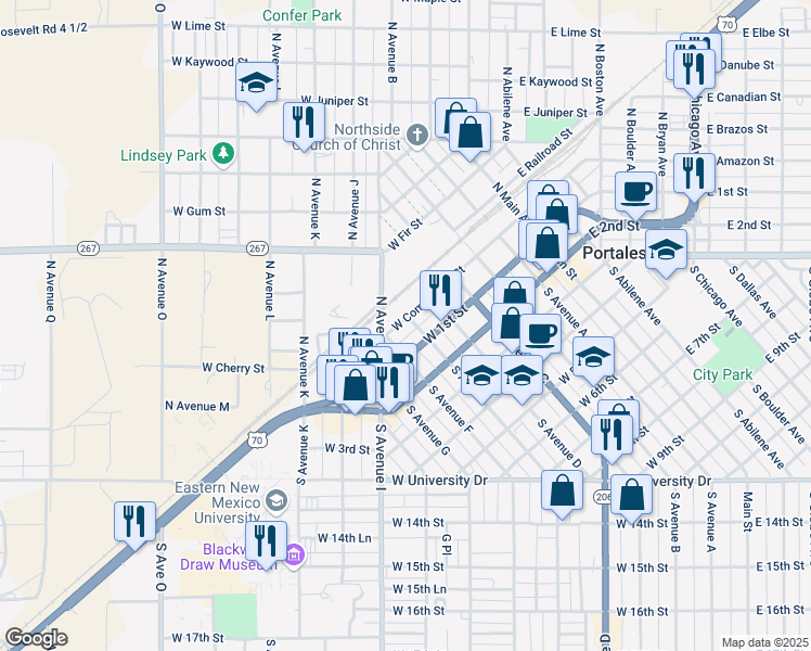 map of restaurants, bars, coffee shops, grocery stores, and more near 600 West 1st Street in Portales