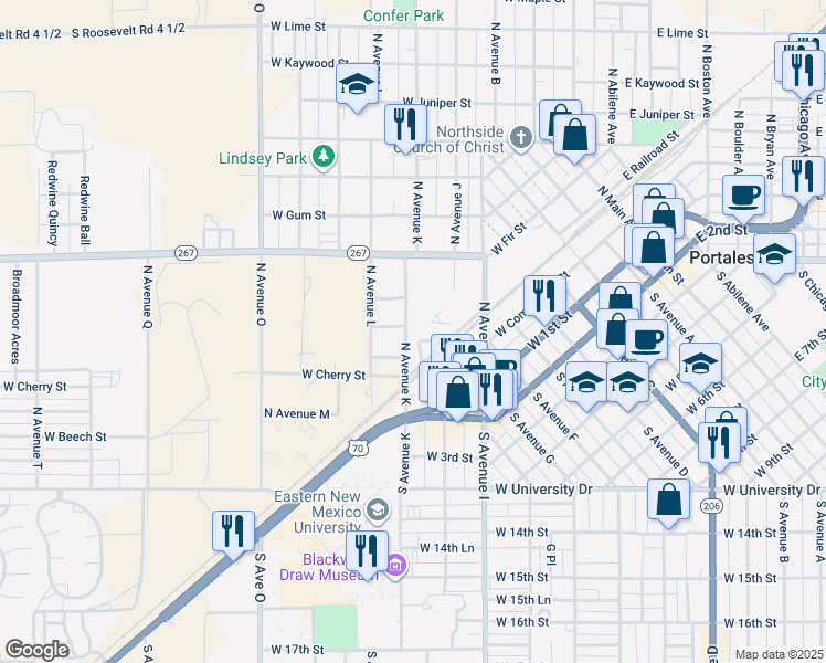 map of restaurants, bars, coffee shops, grocery stores, and more near 409 North Avenue K in Portales