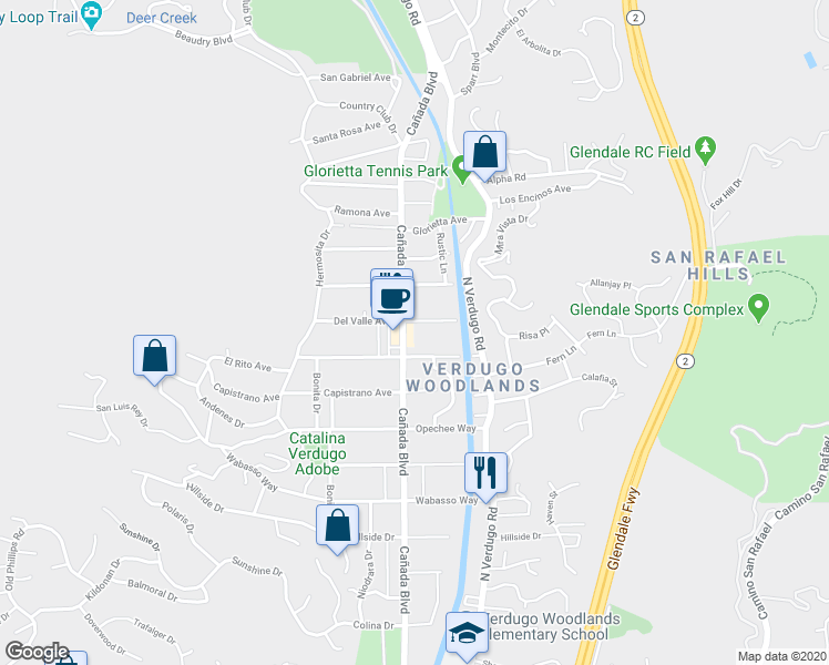 map of restaurants, bars, coffee shops, grocery stores, and more near 2506 Cañada Boulevard in Glendale